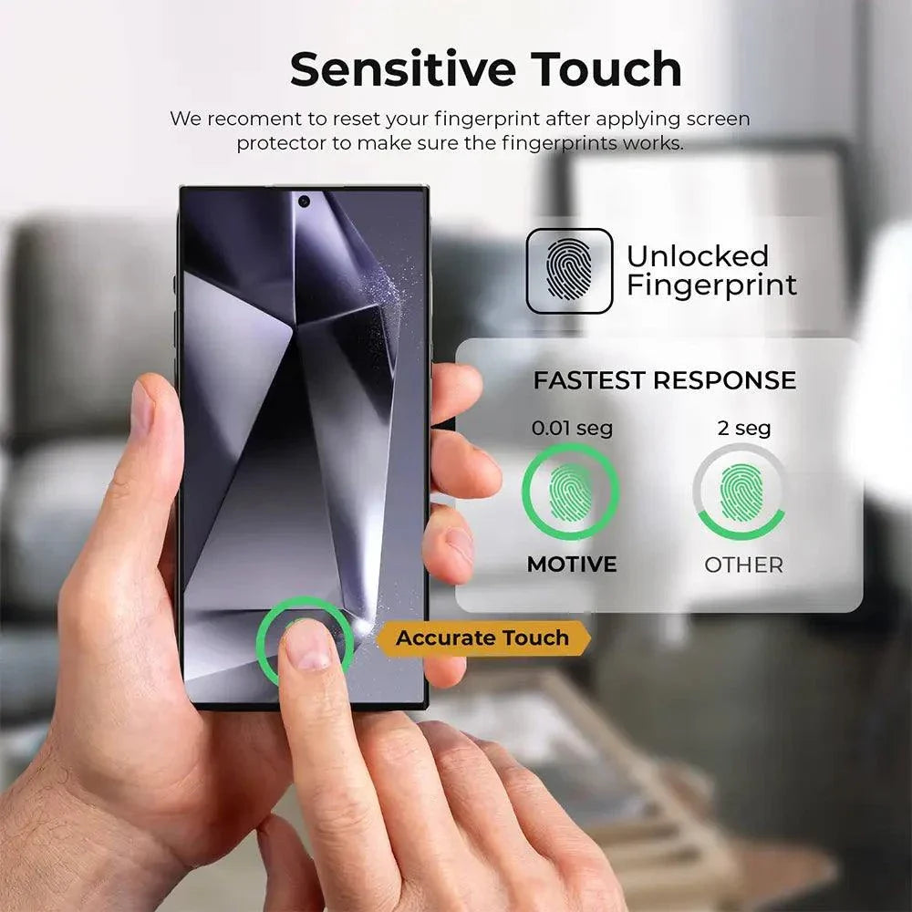 Galaxy S24 Ultra tempered glass protector highlighting touch sensitivity and fast fingerprint response.