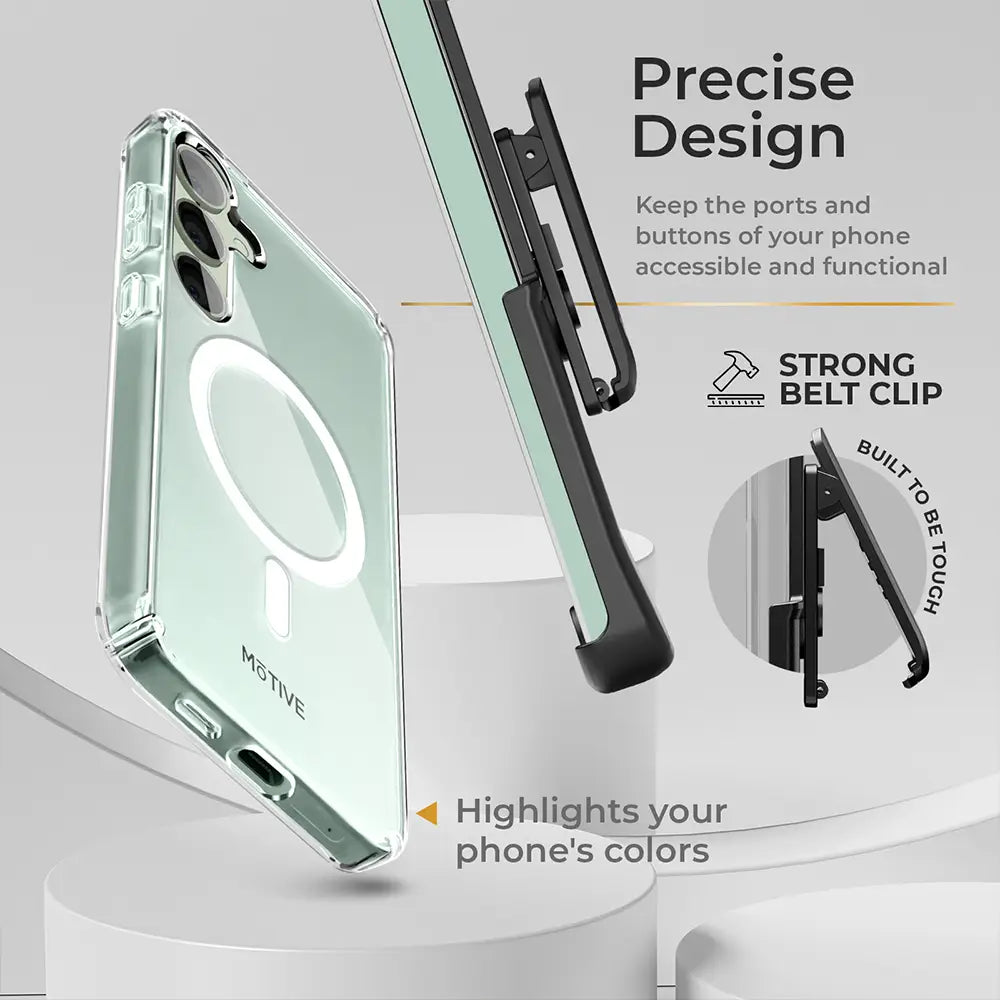 Crystal clear S25 Plus phone case with belt holster and MagSafe compatibility.