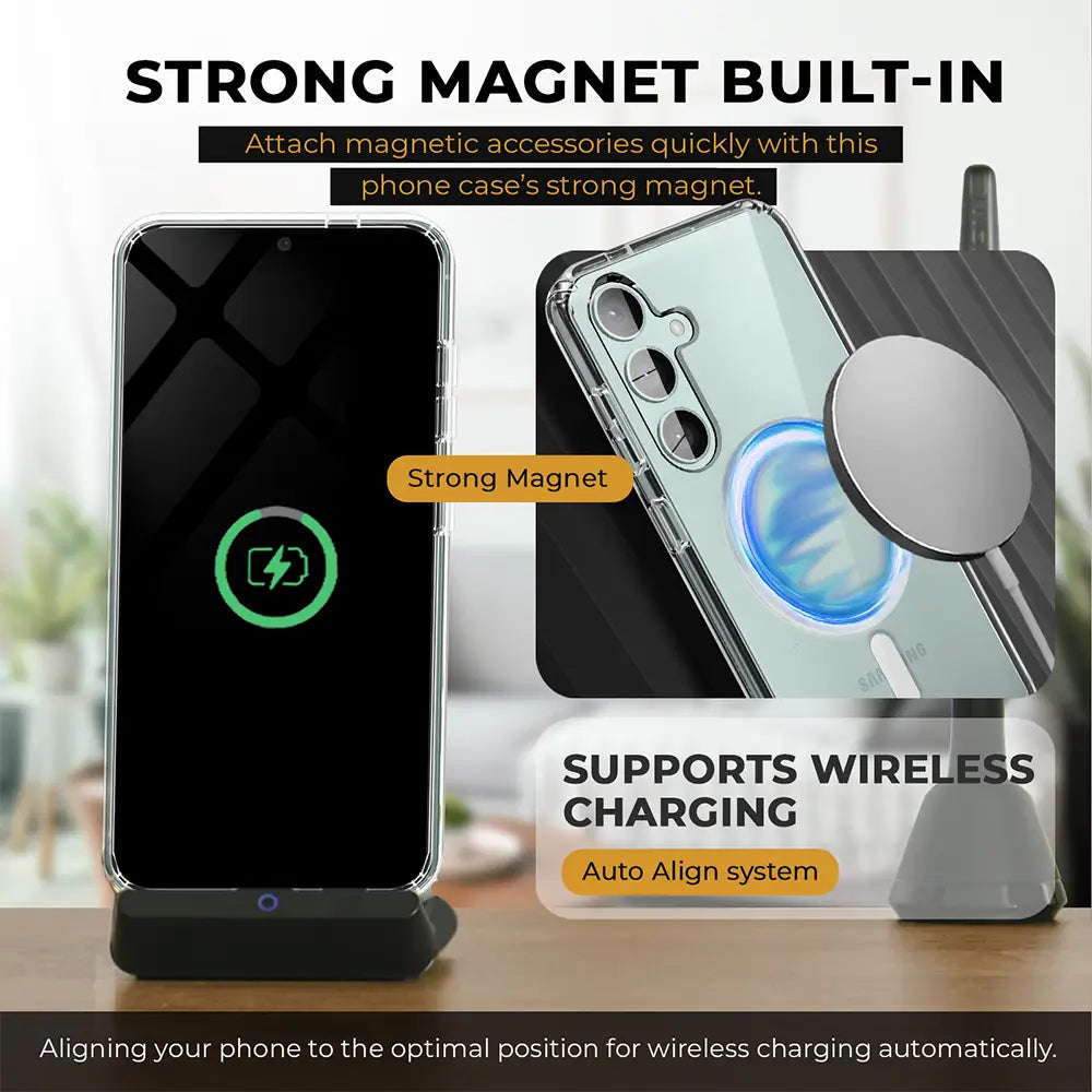 Crystal clear S25 Plus phone case with strong magnet for wireless charging.