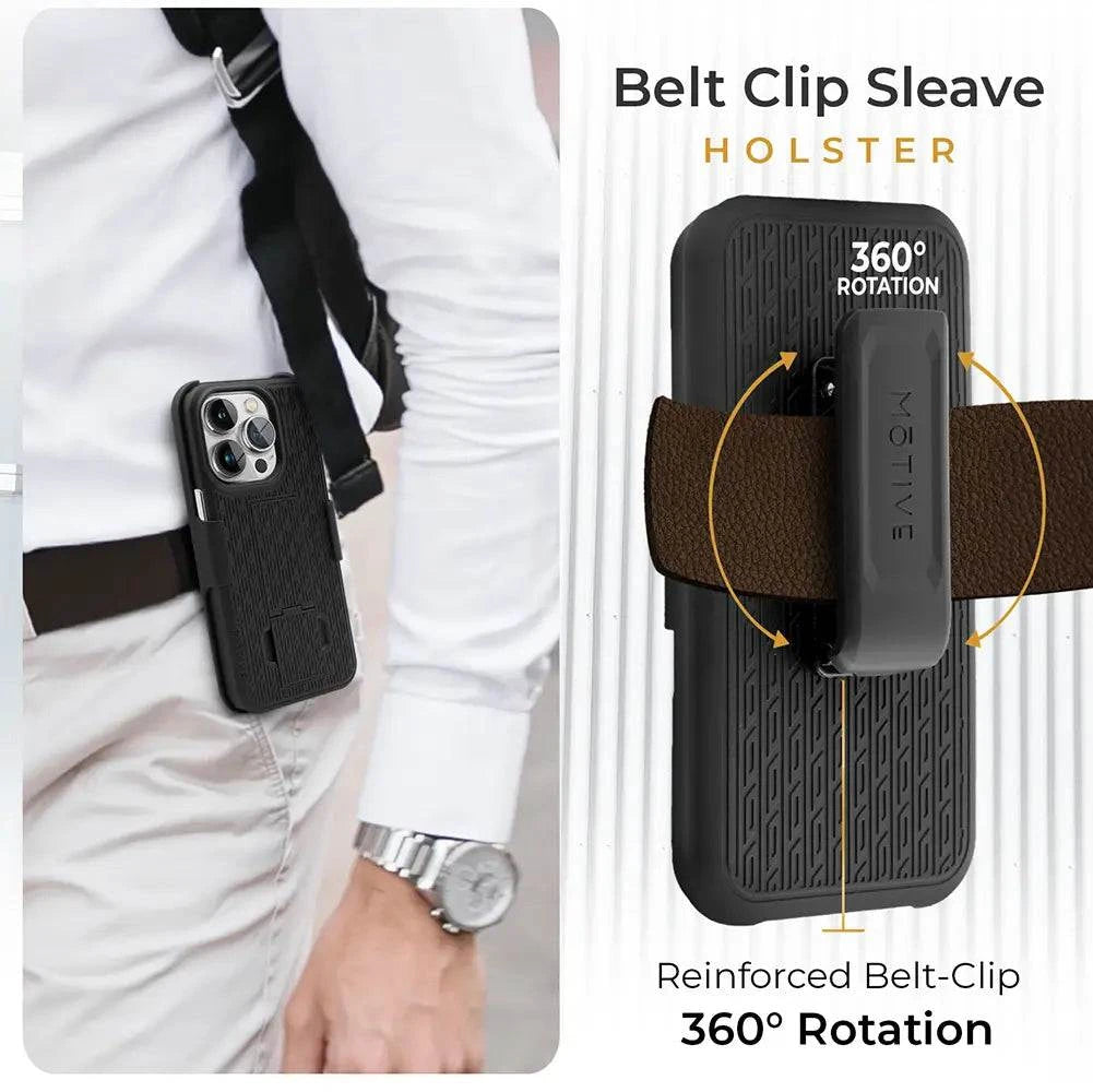 iPhone 15 Pro case with belt clip demonstrating 360° rotation and stylish design.