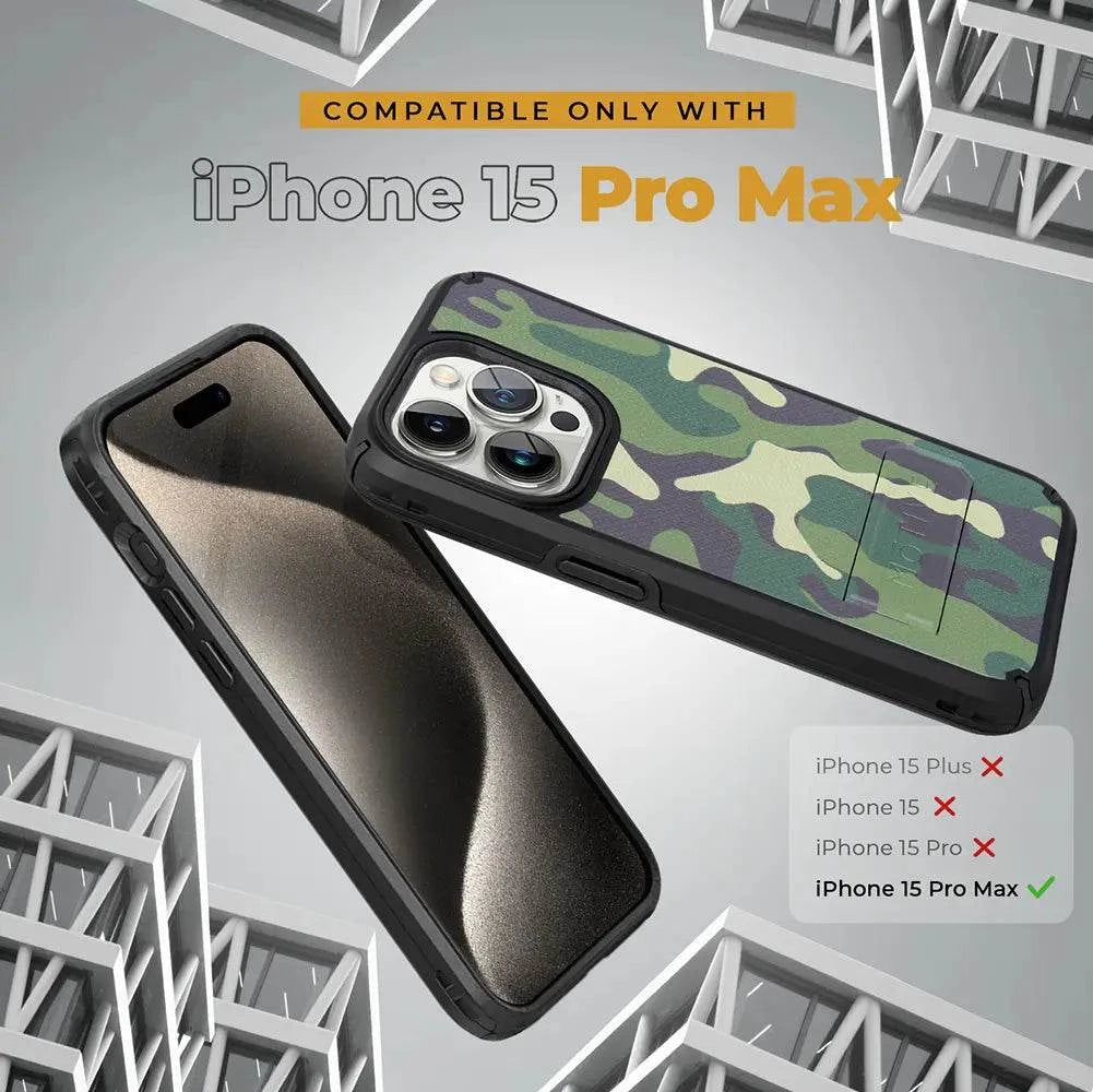 iPhone 15 Pro Max rugged kickstand case with belt clip holster, camo design, military-grade protection.