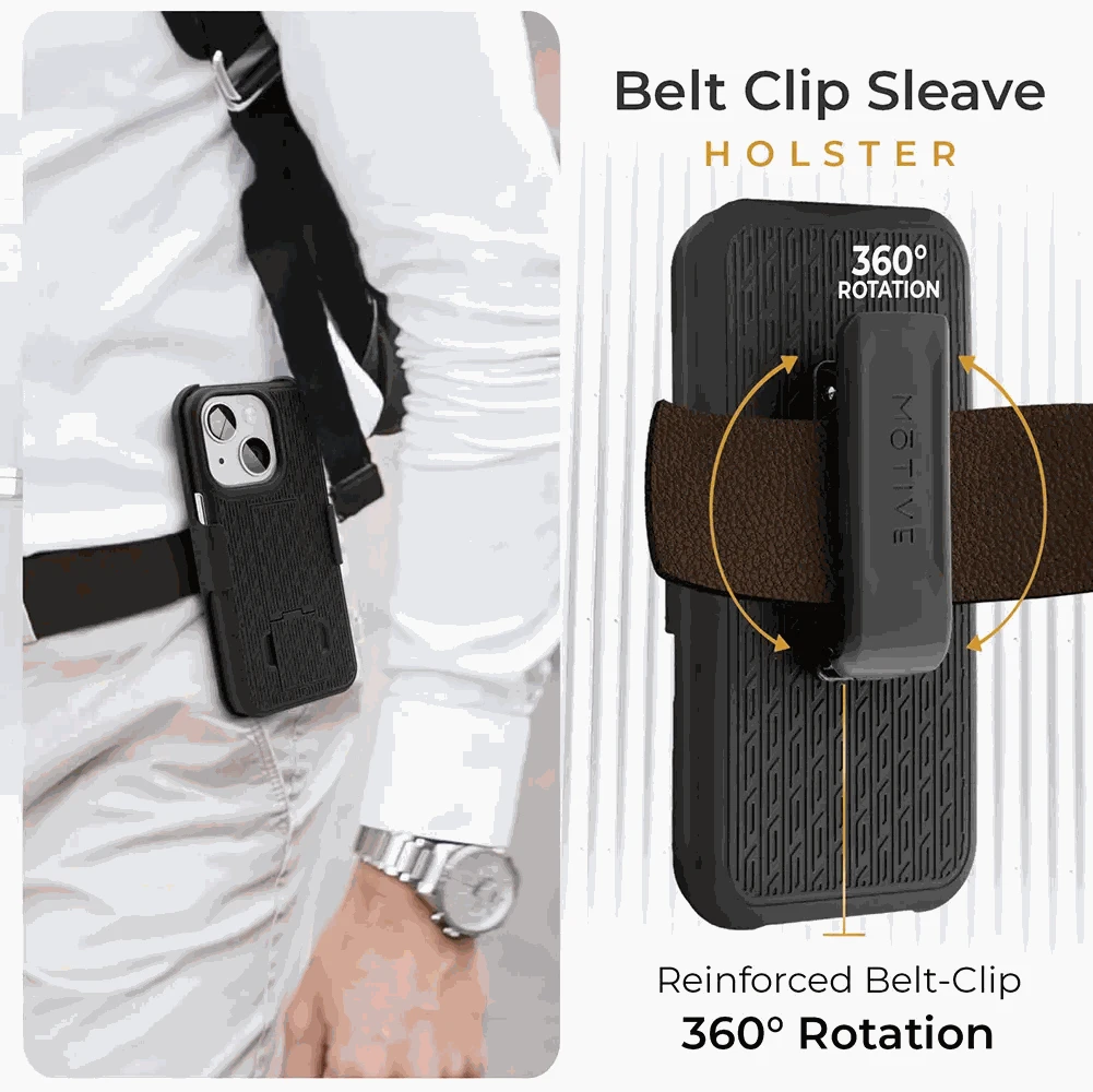 iPhone 15 belt clip case with 360° rotation and reinforced holster, rugged design for secure protection.