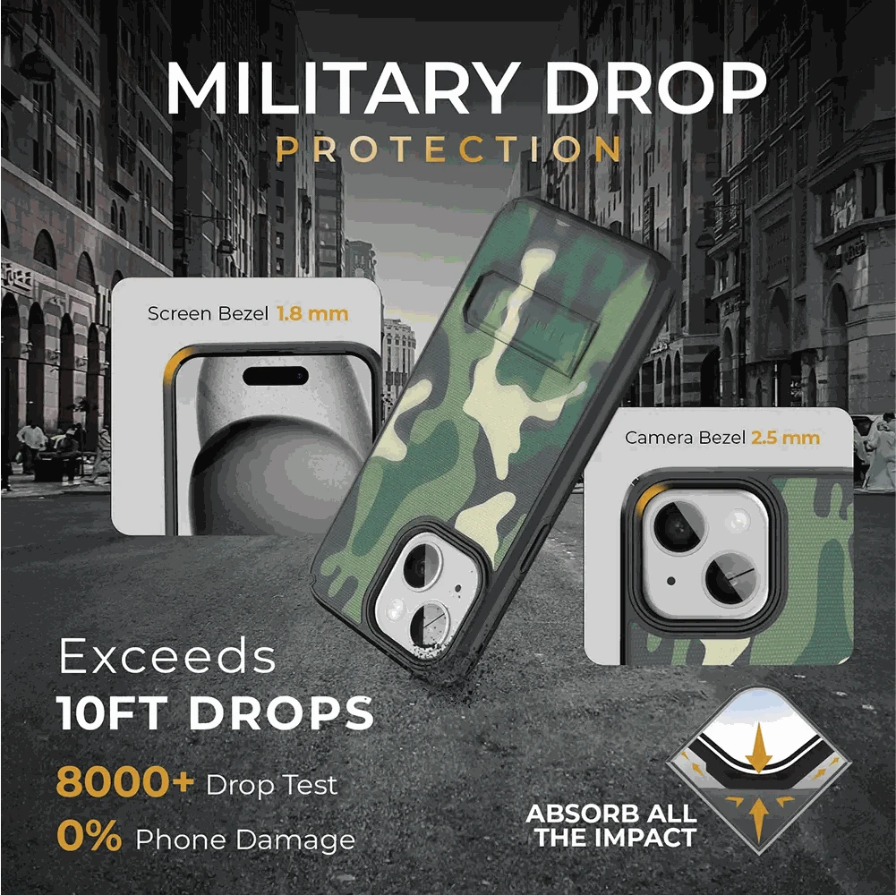 iPhone 15 Plus case with military drop protection and kickstand in urban setting.