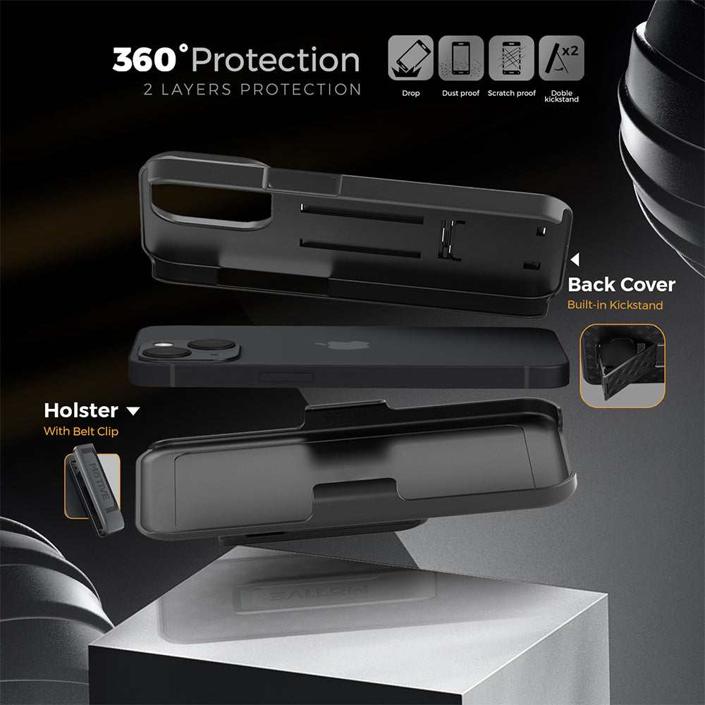iPhone 14 Plus case with belt clip, 360° protection, built-in kickstand, durable design.