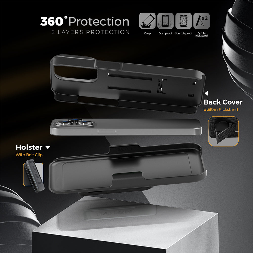 iPhone 14 Pro Max holster with belt clip and kickstand case, showcasing 360° protection and dual kickstands.
