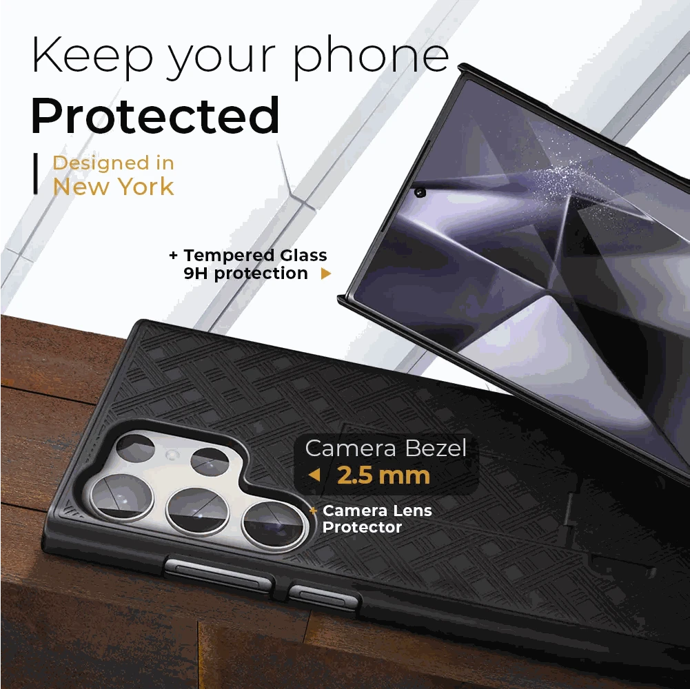 Samsung s24 Ultra Case with belt clip, featuring camera lens protection and tempered glass, designed for durability.