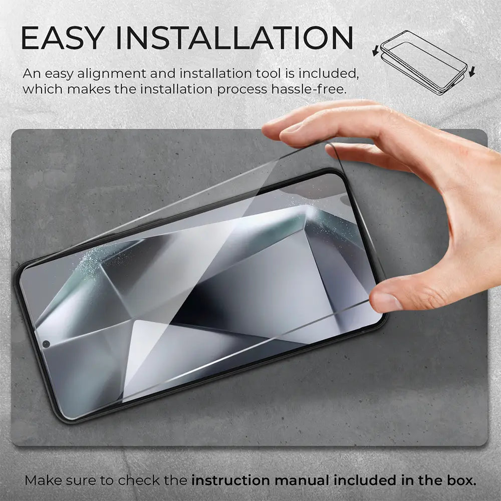 Galaxy S24 glass screen protector 4 pack with easy installation frame.