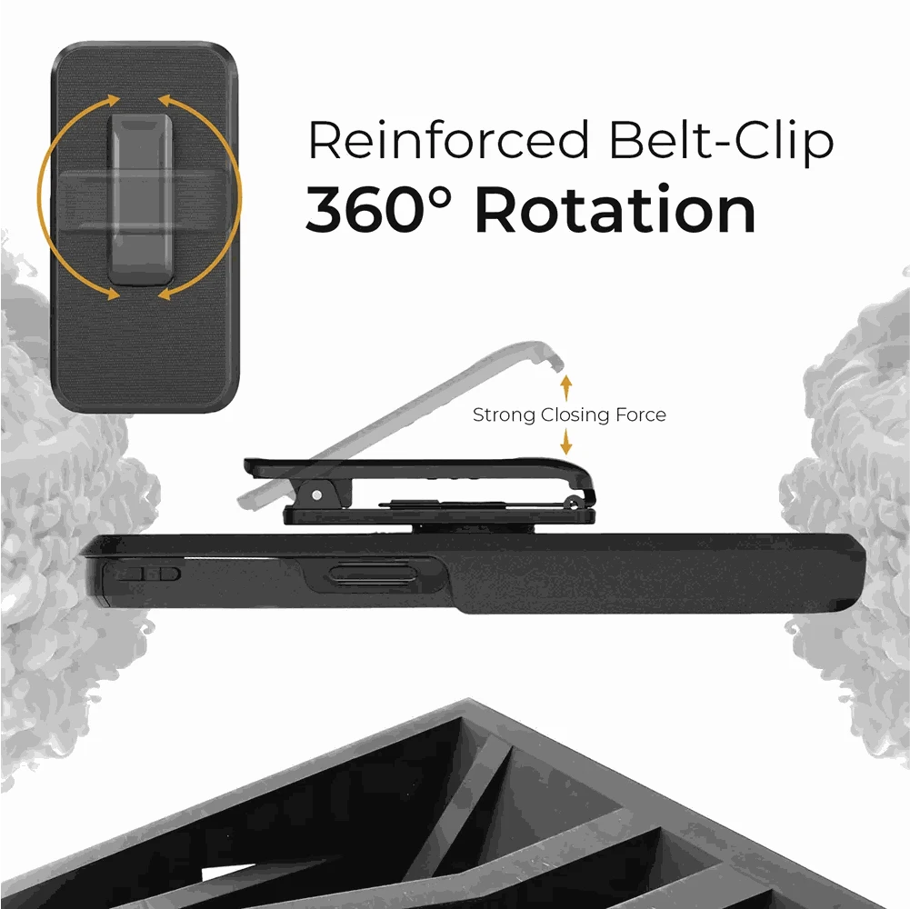 iPhone 15 Plus case with reinforced belt clip and 360° rotation feature.