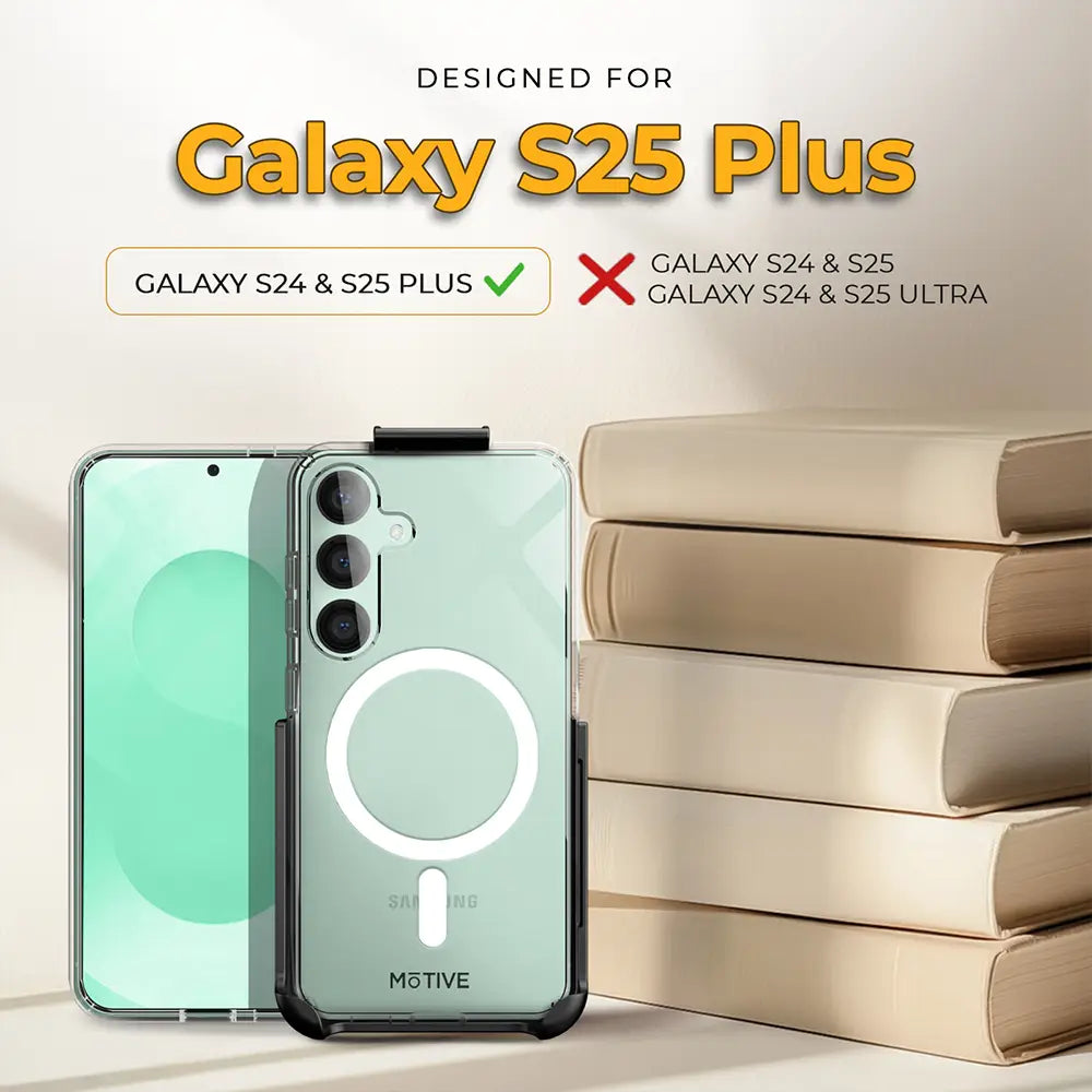 Crystal clear MOTIVE S25 Plus phone case with anti-yellowing, 15ft drop protection, and MagSafe compatibility.