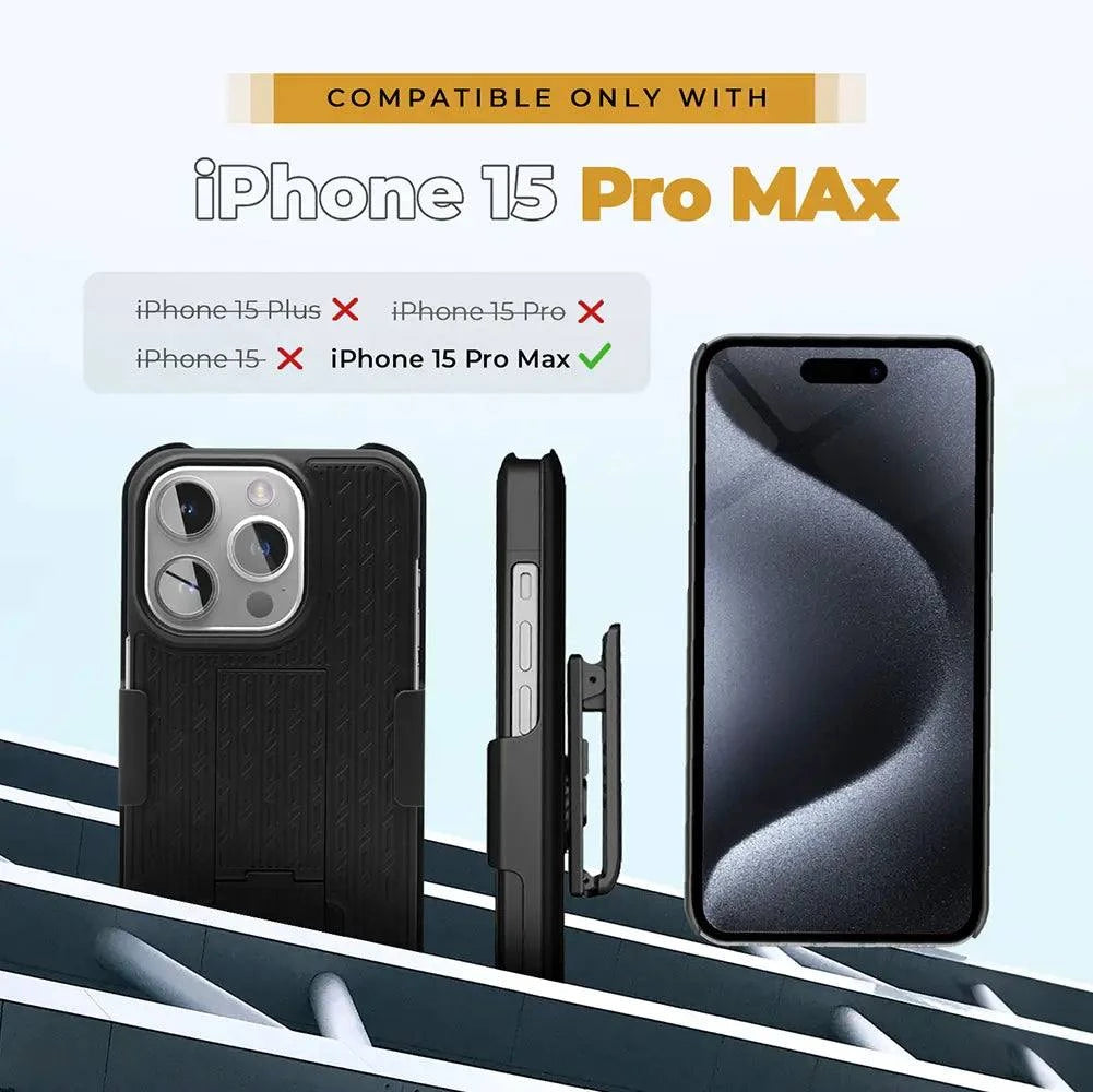 Durable iPhone 15 Pro Max case with belt clip, military-grade protection, and built-in kickstand.