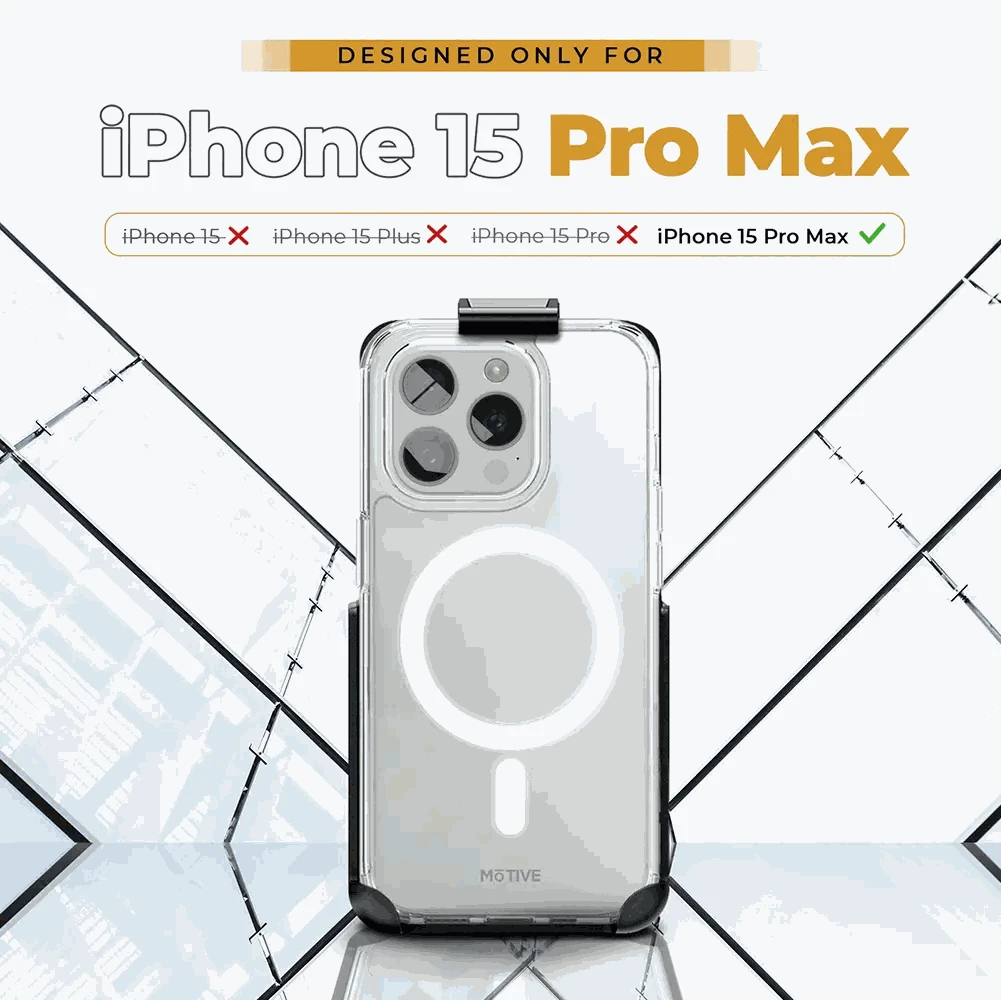 Clear iPhone 15 Pro Max case with holster, durable design, transparent for showcasing phone, compatible with wireless charging.