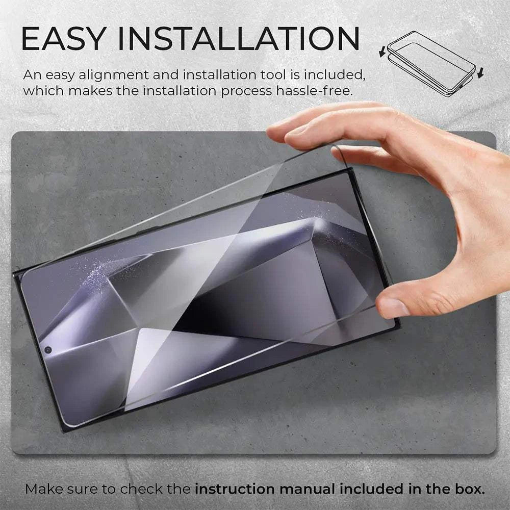 Easy installation of Galaxy S24 Ultra tempered glass screen protector with alignment tool.