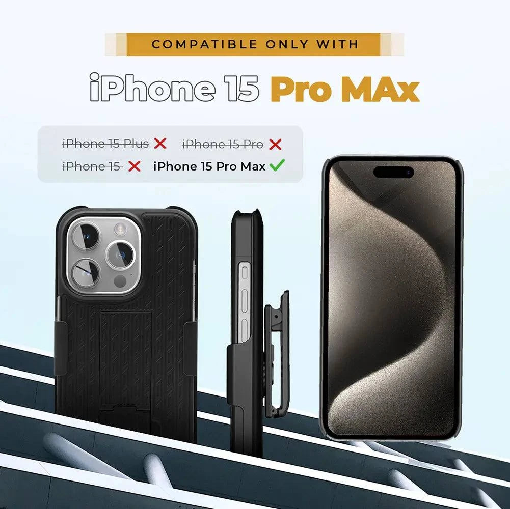 iPhone 15 Pro Max case with belt clip and military-grade protection.