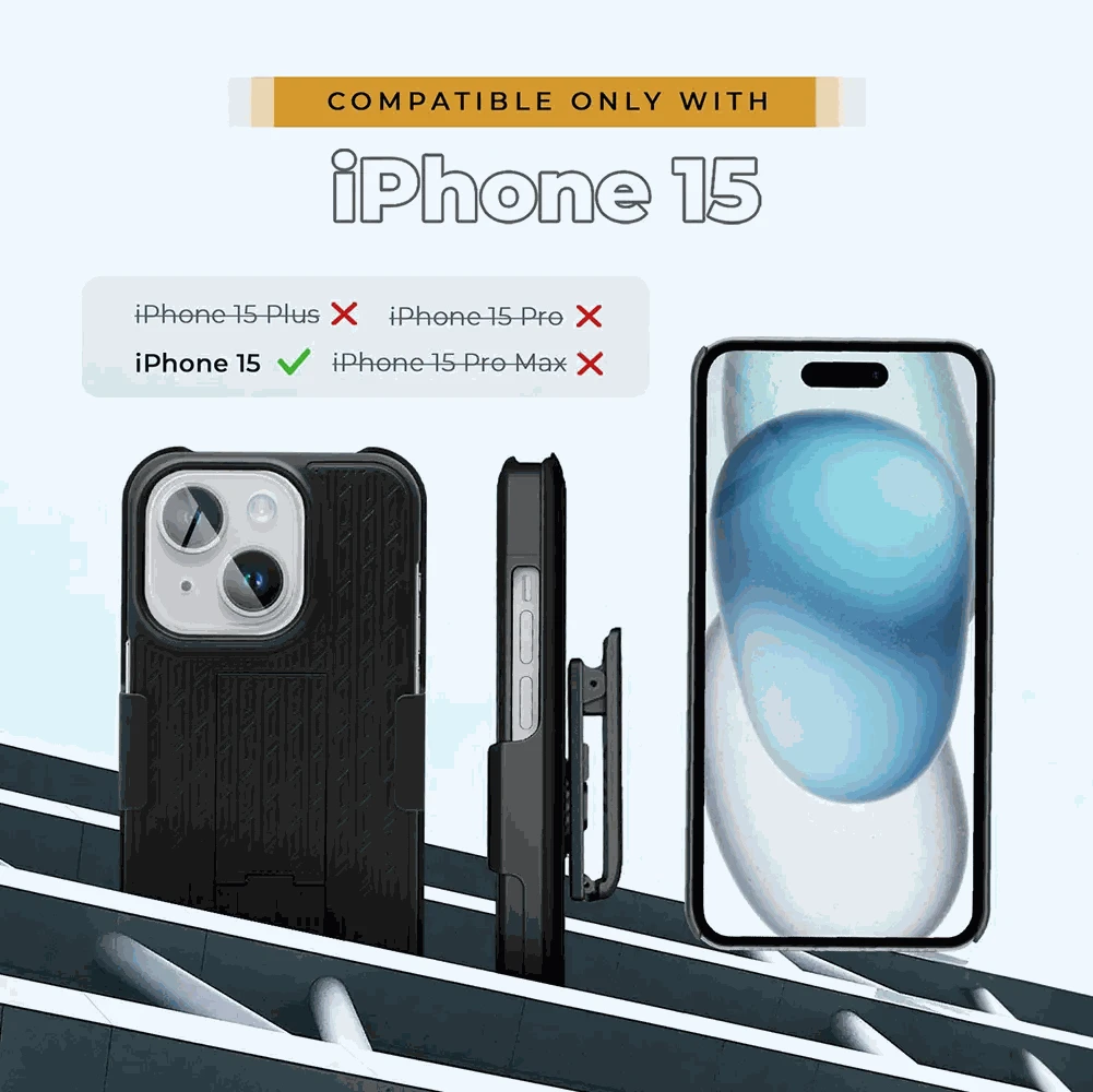 iPhone 15 belt clip case with kickstand and card slot, designed for protection and durability.