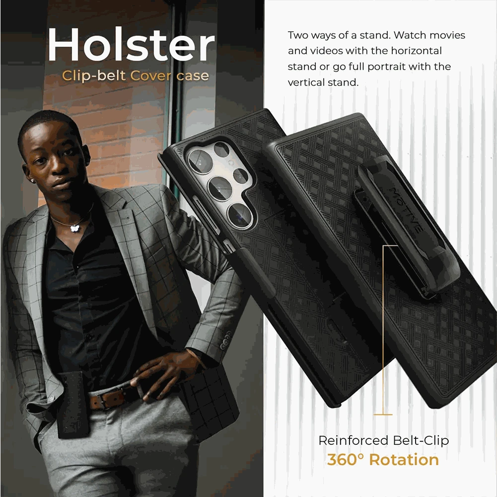 Samsung s24 Ultra Case with belt clip; four-layer protection, 360° defense; reinforced belt-clip, dual stand; military-grade durability.