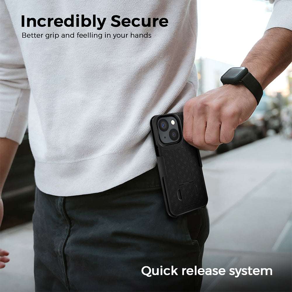 iPhone 14 Plus case with belt clip on person, featuring secure grip and quick release system.