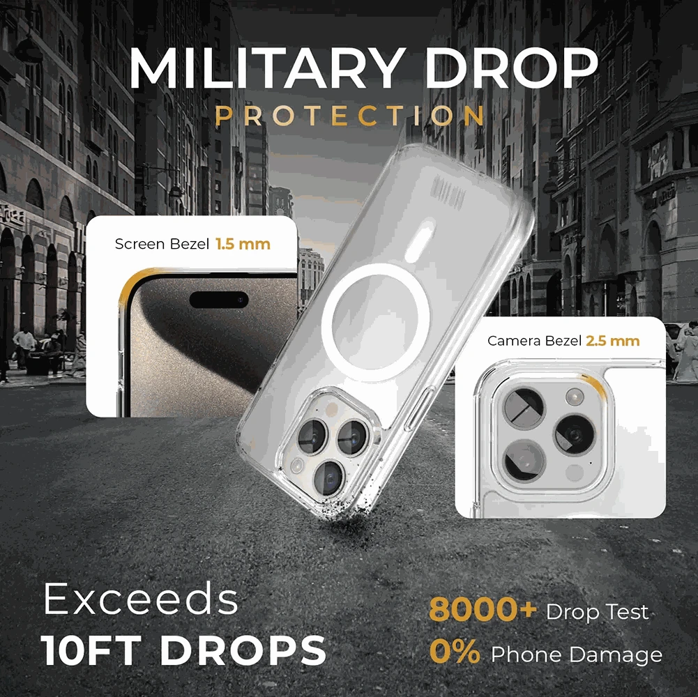 Clear iPhone 15 Pro Max case with holster, kickstand, and military-grade drop protection, highlighting