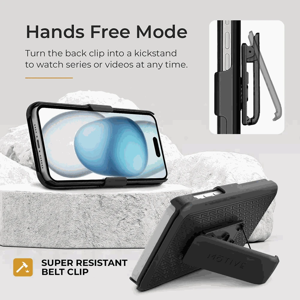 iPhone 15 belt clip case with kickstand and card slot for secure, durable protection.