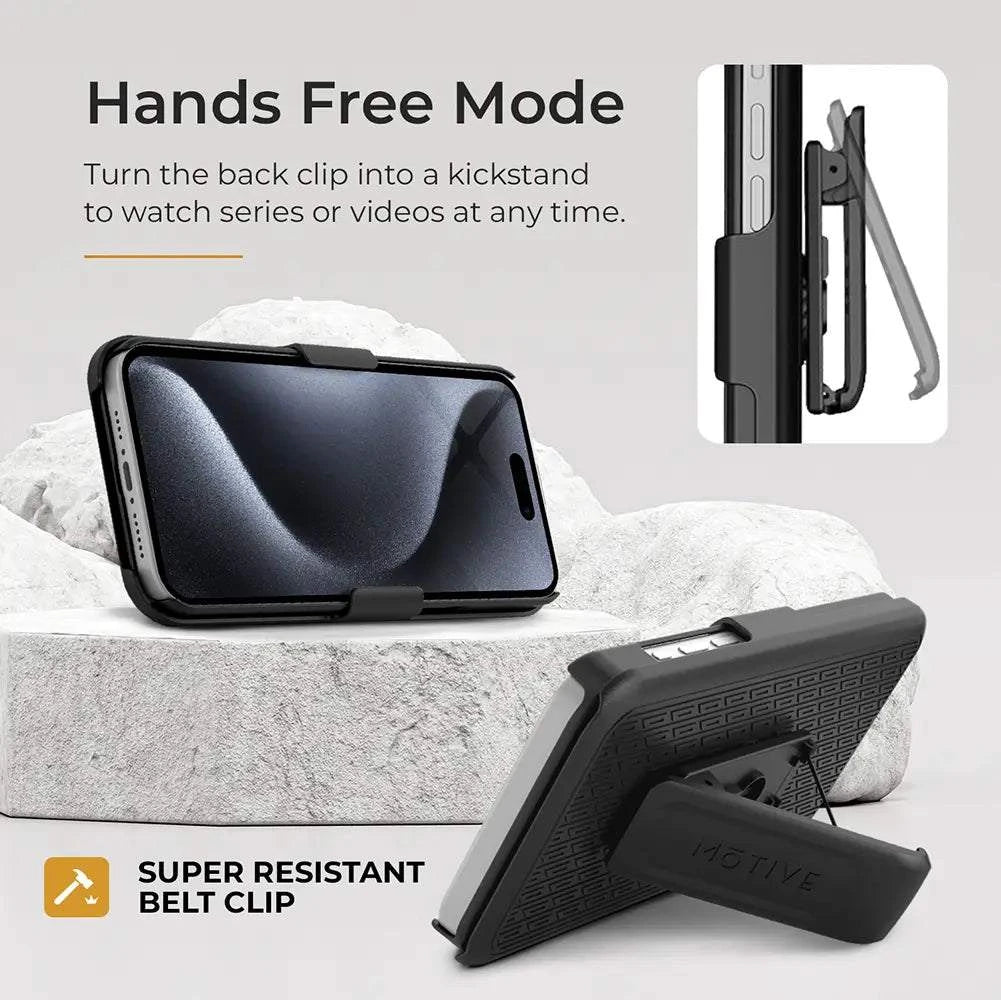 iPhone 15 Pro case with belt clip featuring kickstand for hands-free viewing.