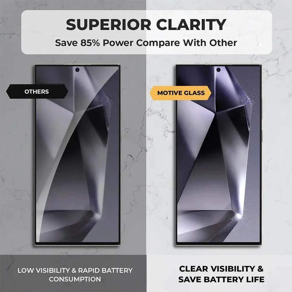 Galaxy S24 Ultra Glass tempered clear protector with superior clarity comparison, featuring reduced power consumption and enhanced visibility.