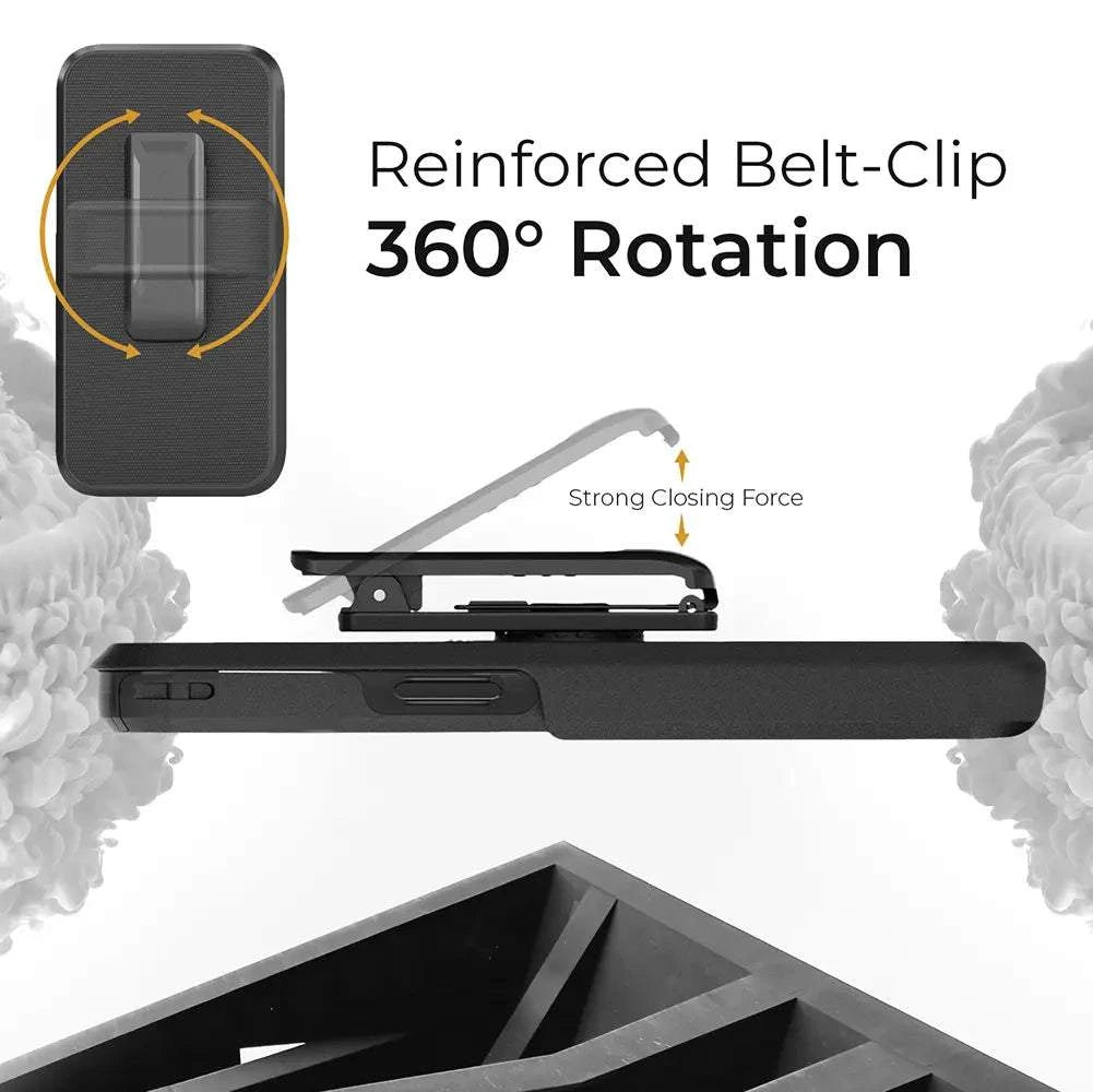 iPhone 15 Pro Max case with reinforced belt clip and 360-degree rotation.