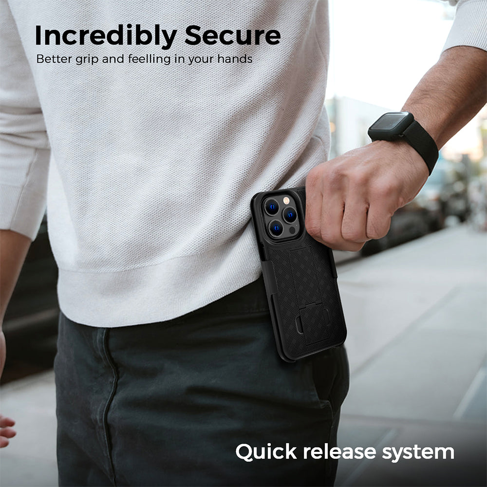 iPhone 14 Pro Max holster with belt clip shown in use on a person's waist outdoors.