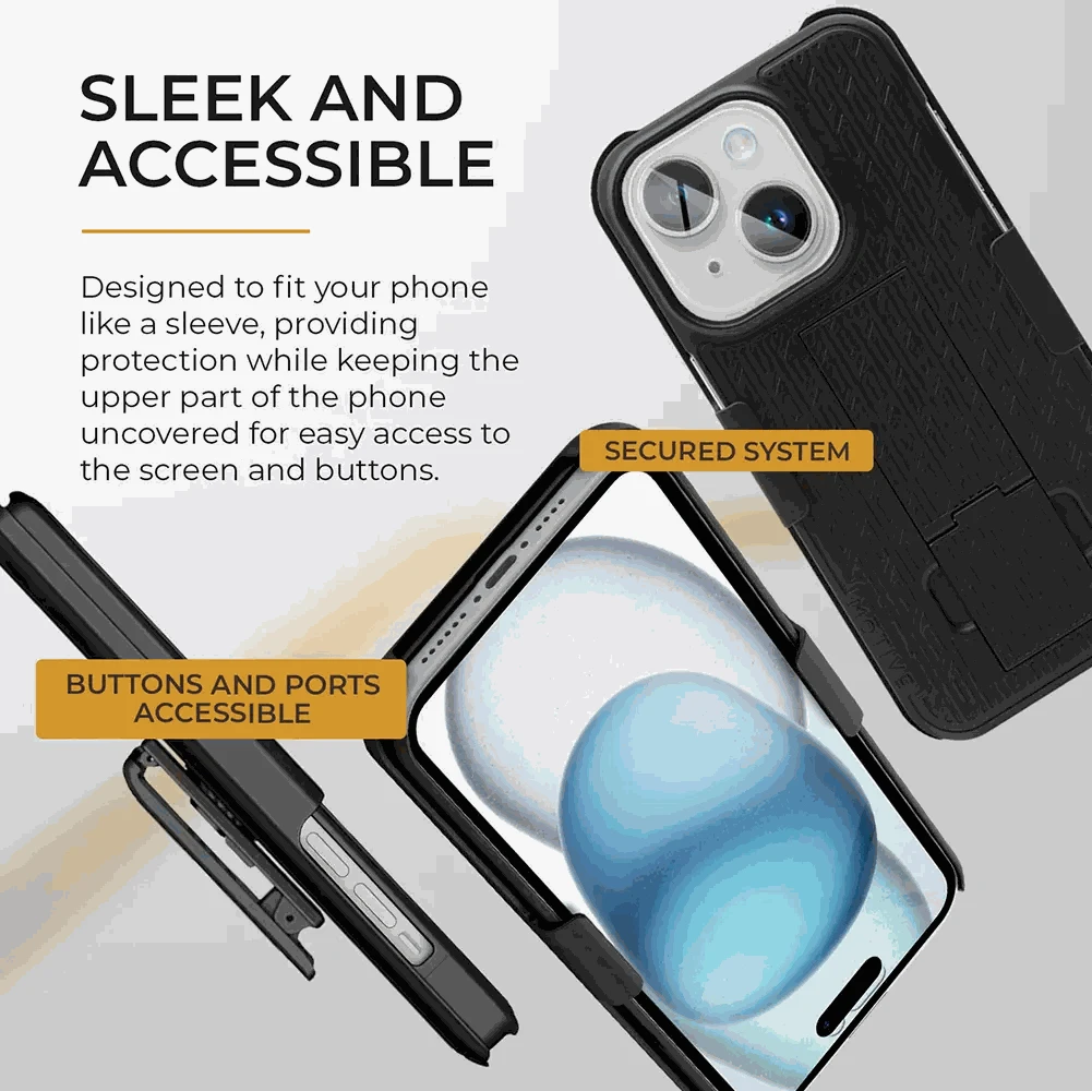iPhone 15 belt clip case with sleek design and accessible buttons, featuring secured system and protective cover.