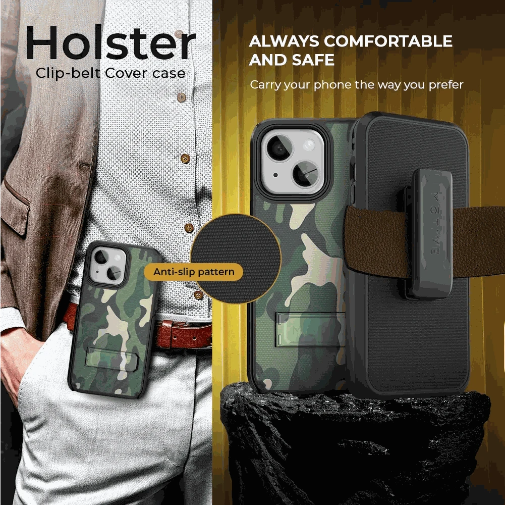 iPhone 15 Plus case with kickstand and belt clip in camo design, featuring anti-slip pattern.