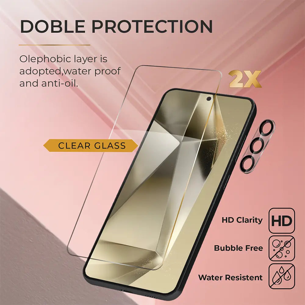 S24 Plus Glass tempered screen protector pack with oleophobic coating and camera lens protectors.