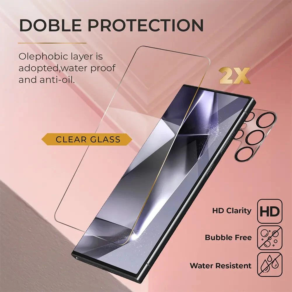 Galaxy S24 Ultra tempered clear glass screen and camera lens protectors, 4-pack, offering HD clarity and water-resistant protection.