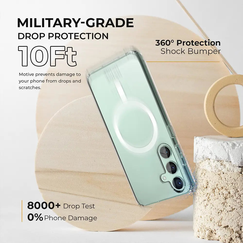 Crystal clear S25 Plus phone case with anti-yellowing and 15ft drop-proof protection.