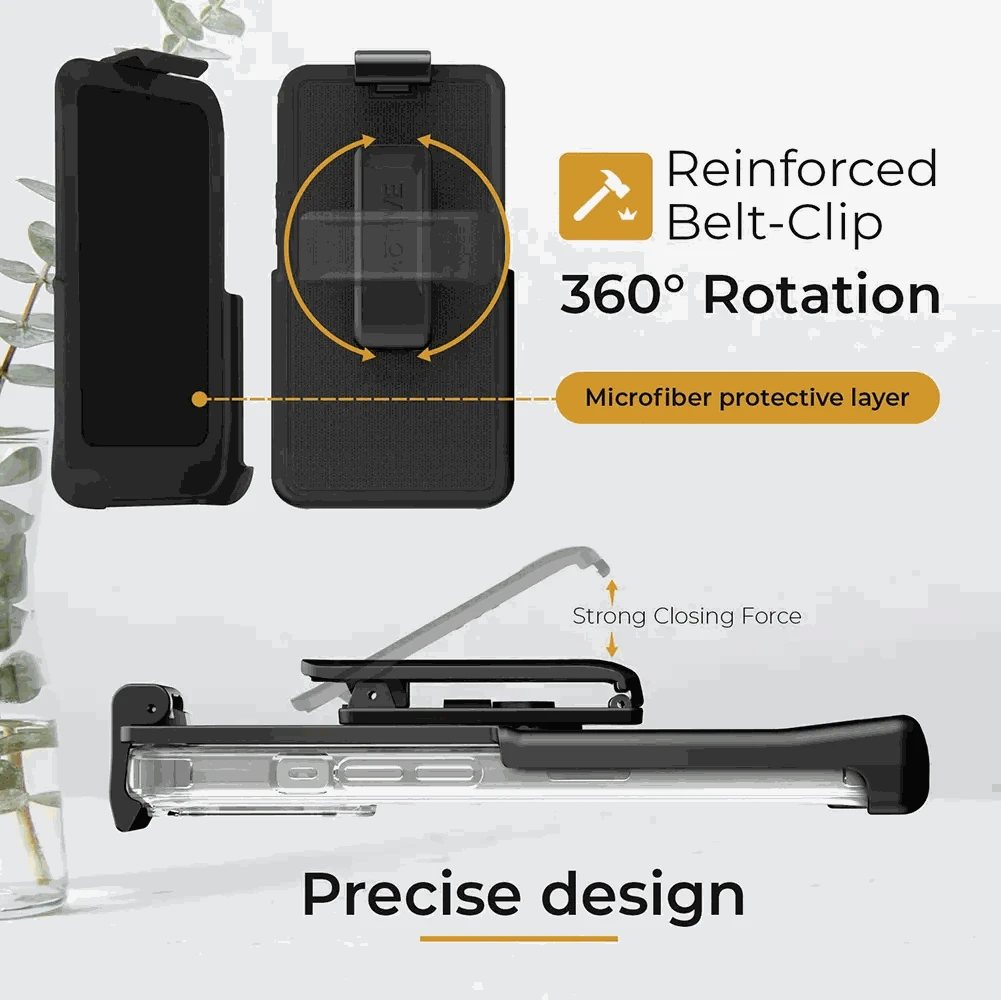 Clear iPhone 15 Pro Max case with holster, kickstand, reinforced belt-clip, and 360° rotation feature.