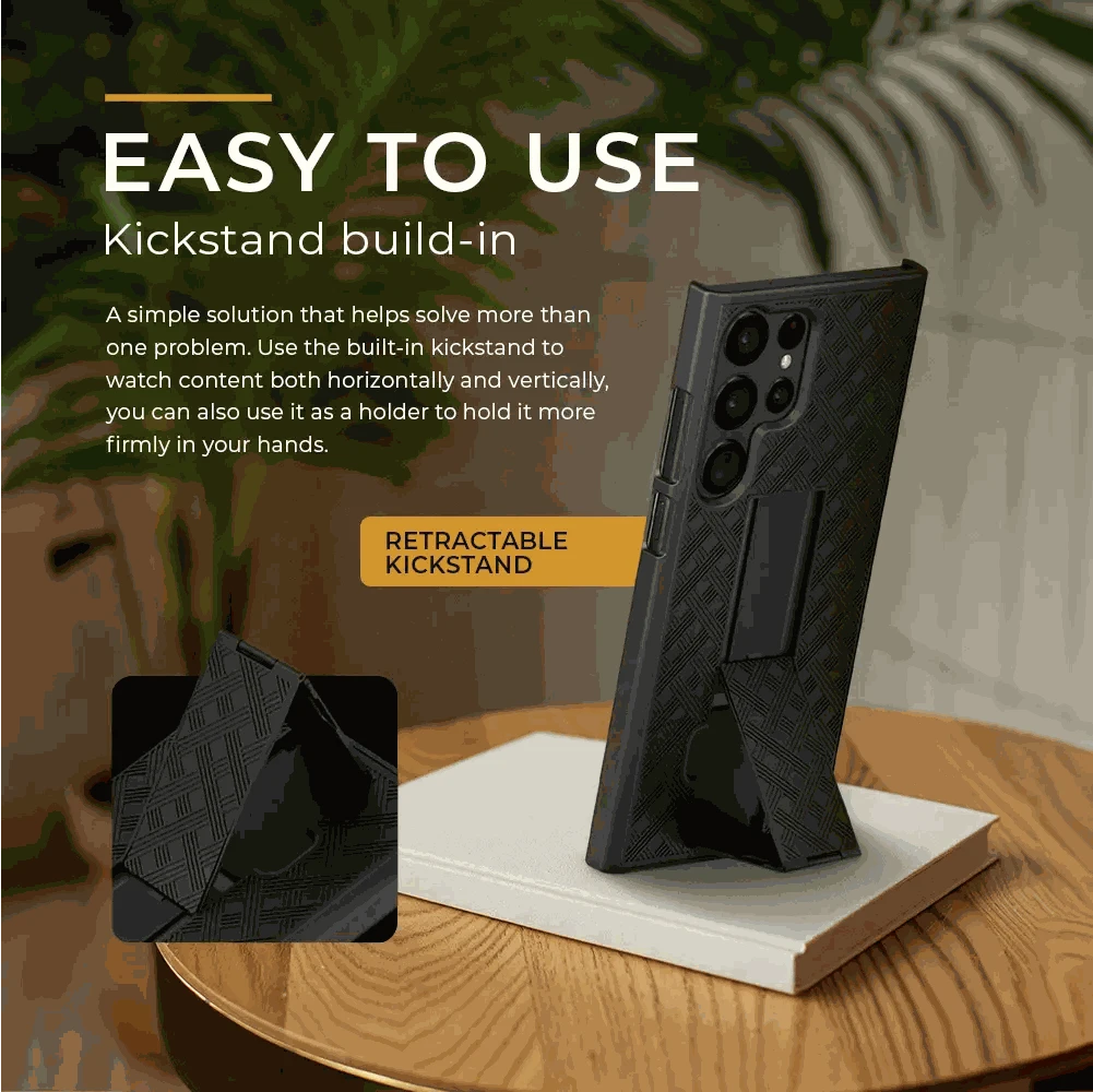 Samsung S24 Ultra case with belt clip and built-in kickstand on a table.