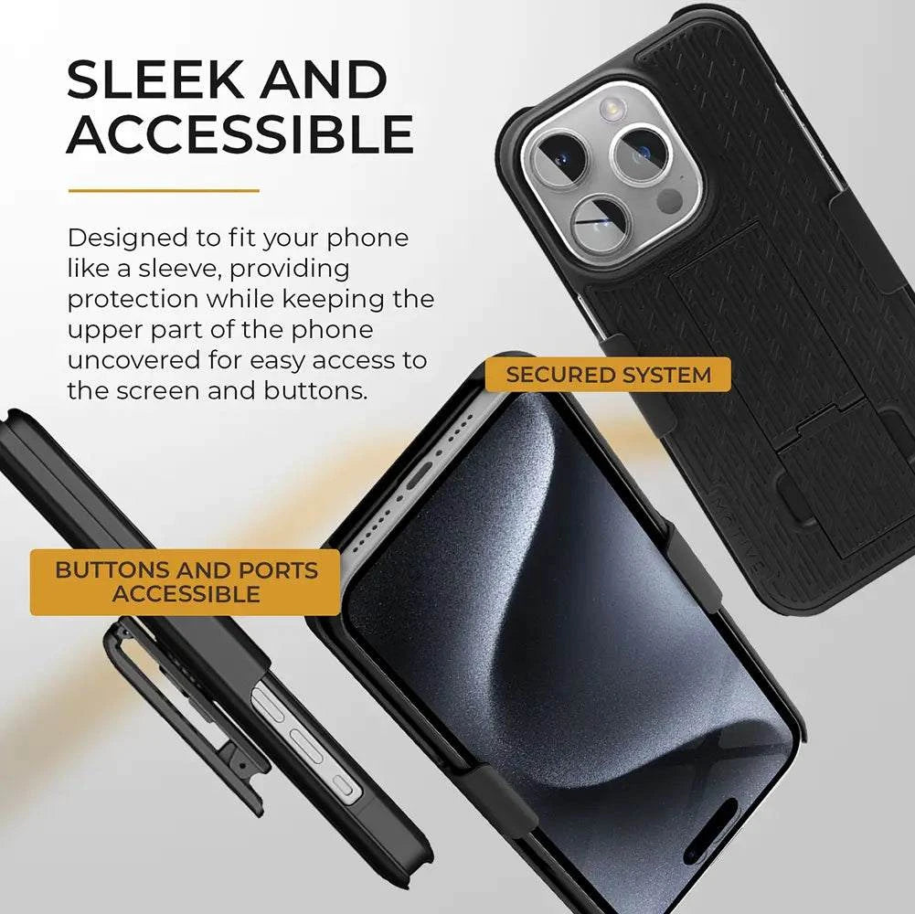 iPhone 15 Pro case with belt clip, showcasing sleek design and secure system for easy access to buttons and ports.