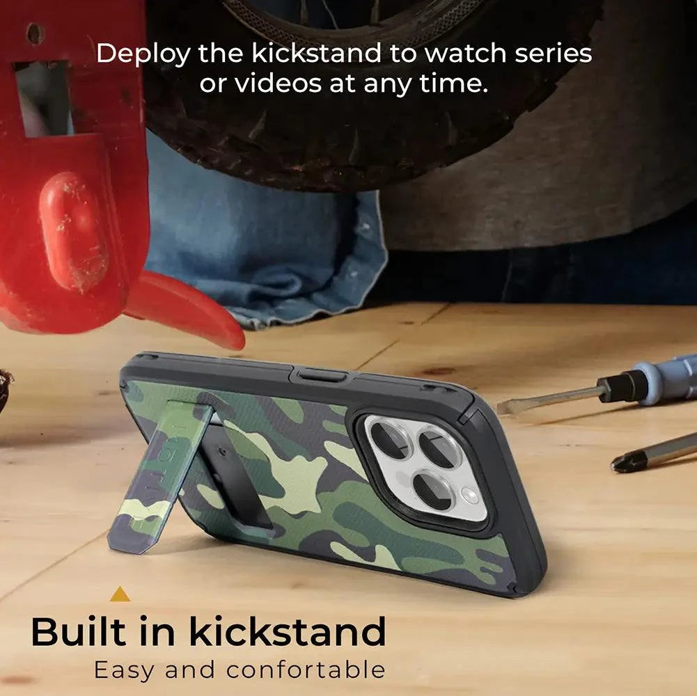 iphone 15 pro max case kickstand and camo design for hands-free viewing.
