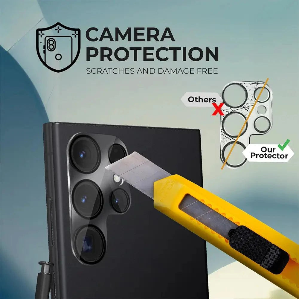 Galaxy S24 Ultra camera protection demonstration with tempered glass protector, knife comparison showing scratch resistance.