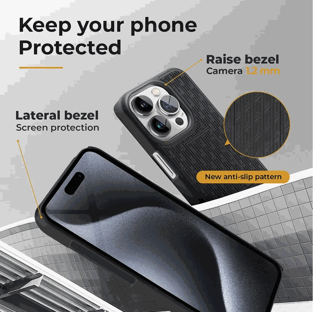 Durable iPhone 15 Pro case with belt clip, featuring raised bezels for camera and screen protection, and anti-slip pattern.