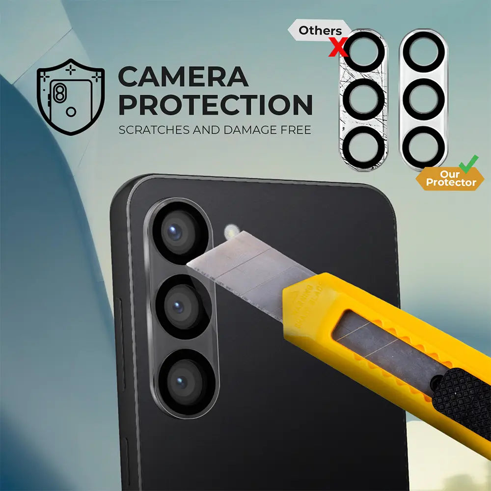 Galaxy S24 screen and camera protector with knife scratch test, emphasizing durability and protection.