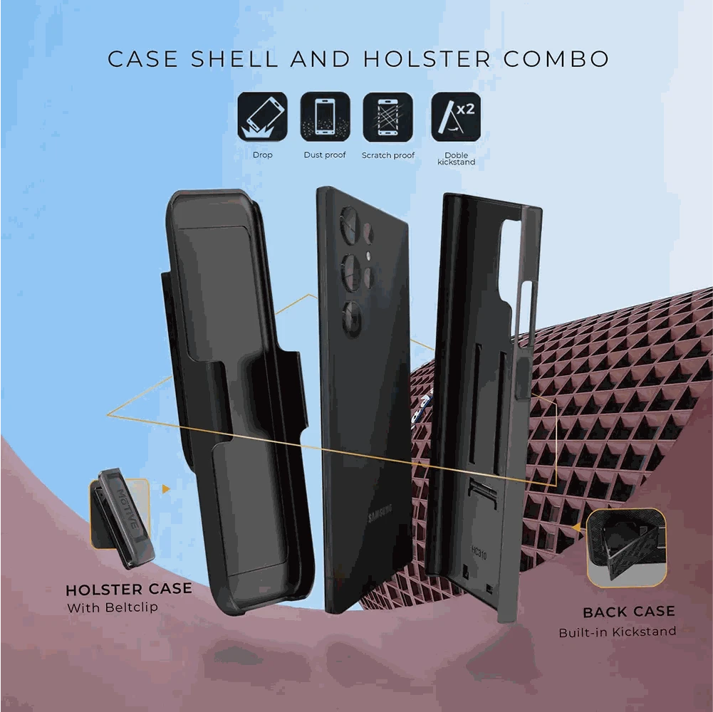 Samsung s24 Ultra Case with belt clip, durable four-layer protection, military-grade drop-tested, built-in kickstand, versatile viewing angles.