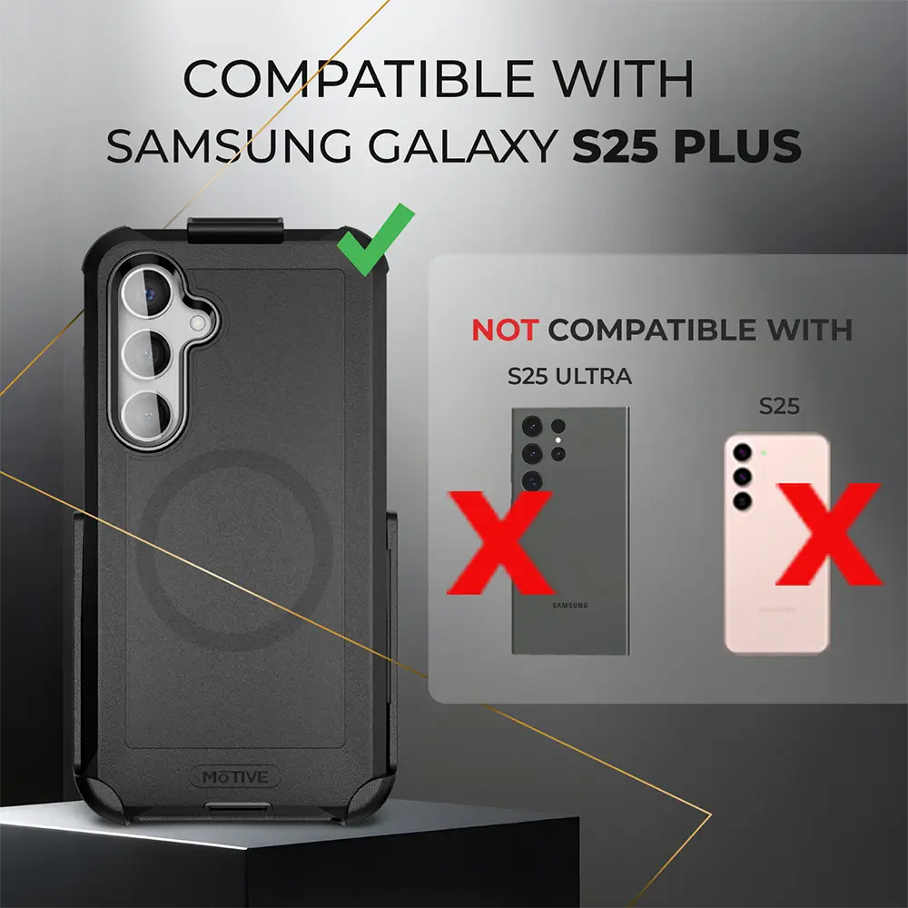 Samsung Galaxy S25 Plus heavy-duty case with belt clip, quad-layer protection, and kickstand.