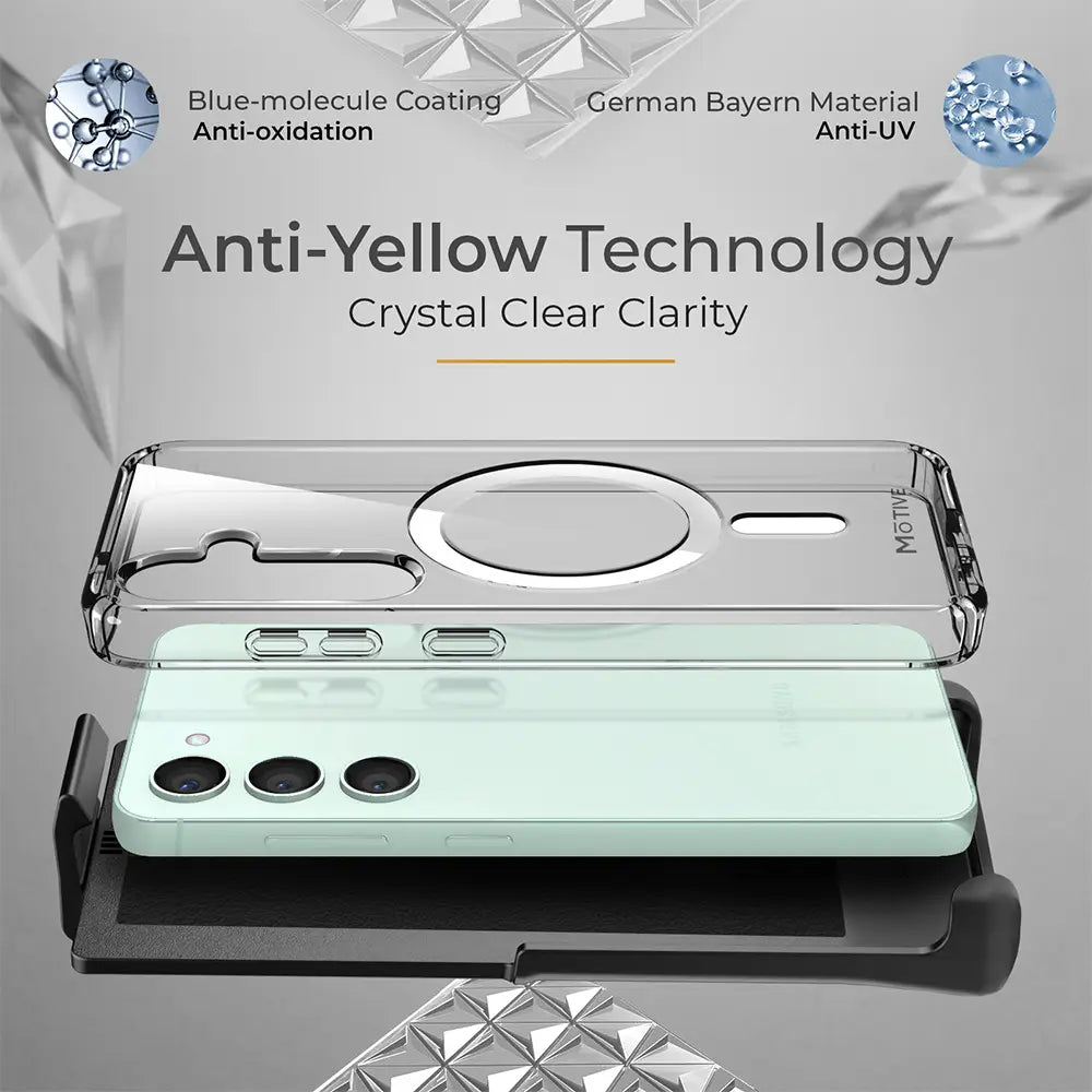 Crystal clear S25 Plus phone case with anti-yellowing, 15ft drop protection, and MagSafe compatibility.