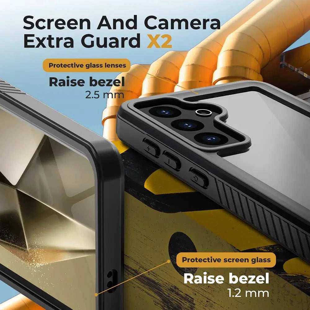 Galaxy S24 Waterproof Case with raised bezels and protective glass, offering durable 360-degree protection and slim design.