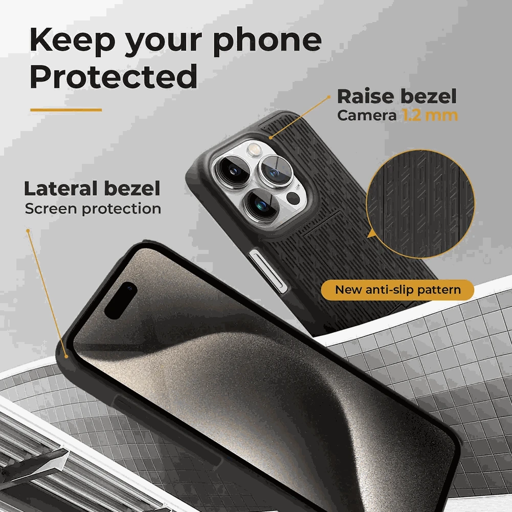 iPhone 15 Pro Max case with belt clip, offering camera and screen protection with anti-slip pattern.