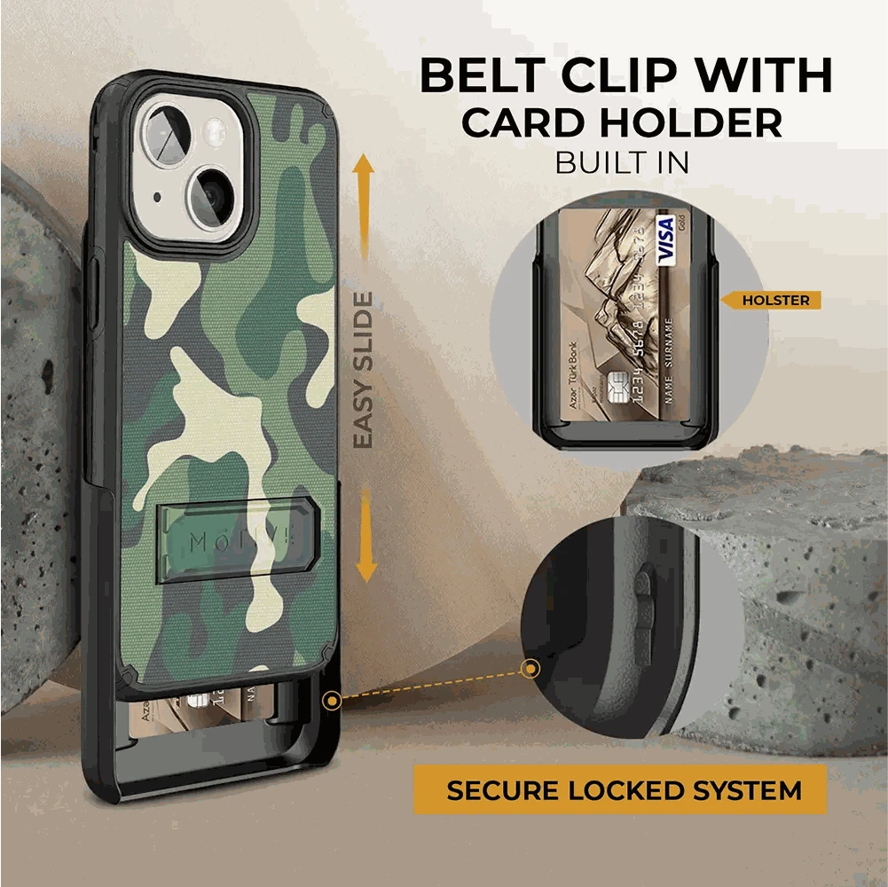 Camouflage iPhone 15 Plus case with kickstand, built-in belt clip, and card holder.