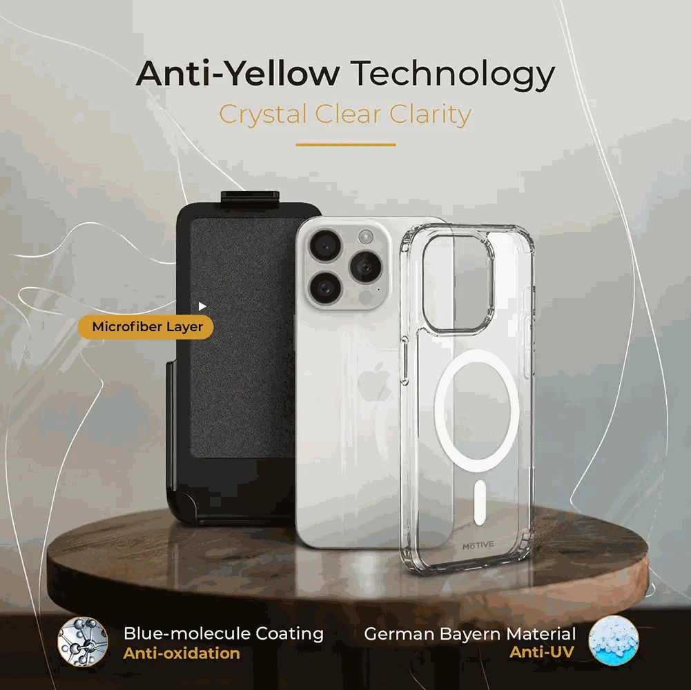 Clear iPhone 15 Pro Max Case with holster and kickstand featuring anti-yellow technology.