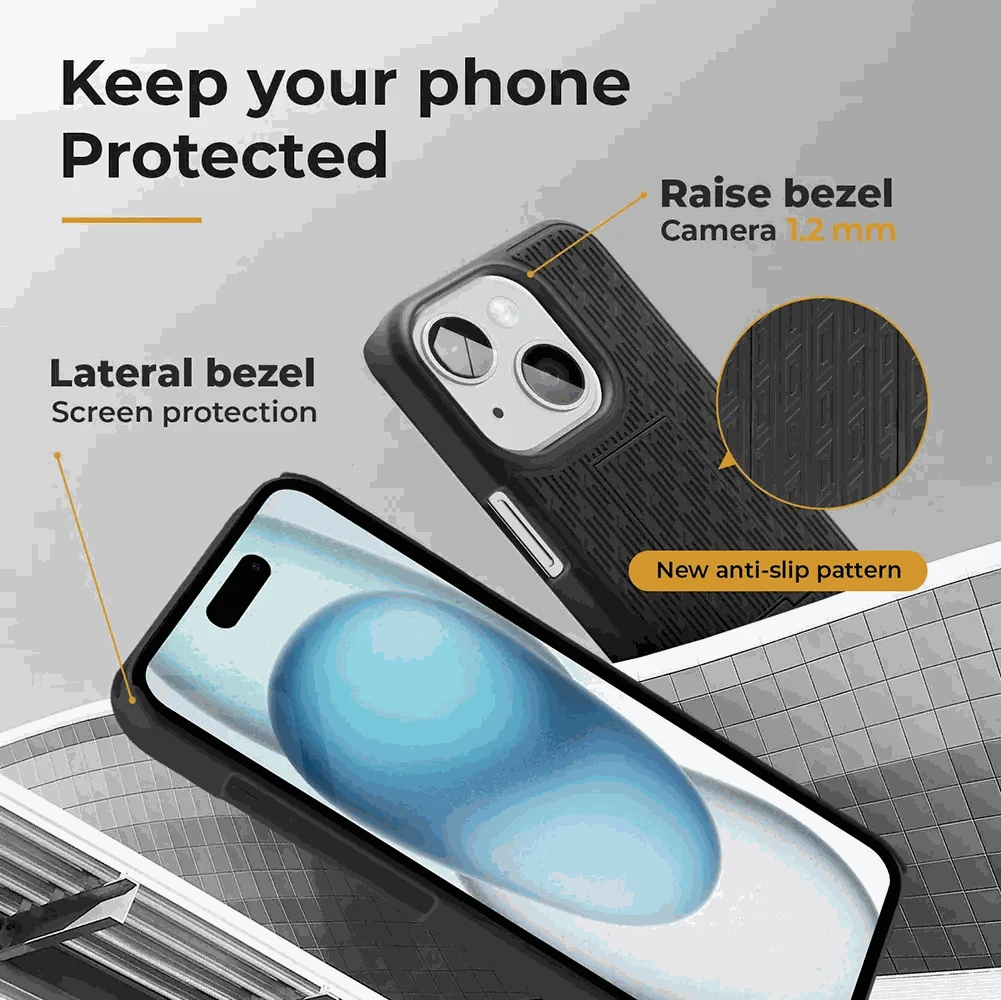 iPhone 15 Belt Clip Case with Raised Bezel Protection and Anti-Slip Pattern