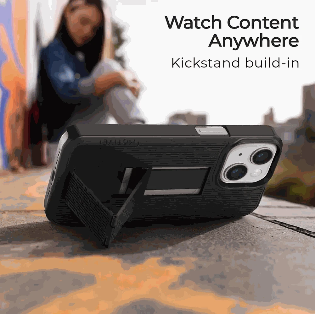 iPhone 15 belt clip case with kickstand on outdoor surface, ideal for secure and durable protection.