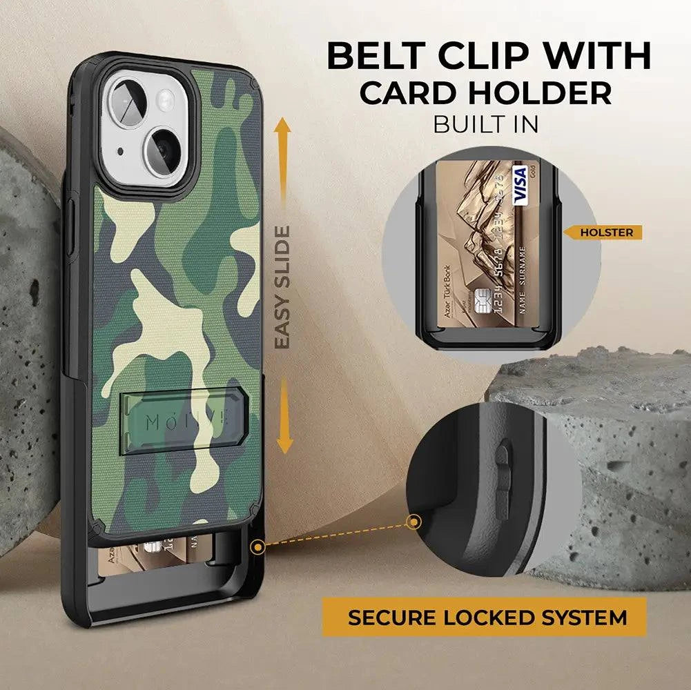 iPhone 15 Pro Max case with kickstand, belt clip holster, and card holder featuring camouflage design.