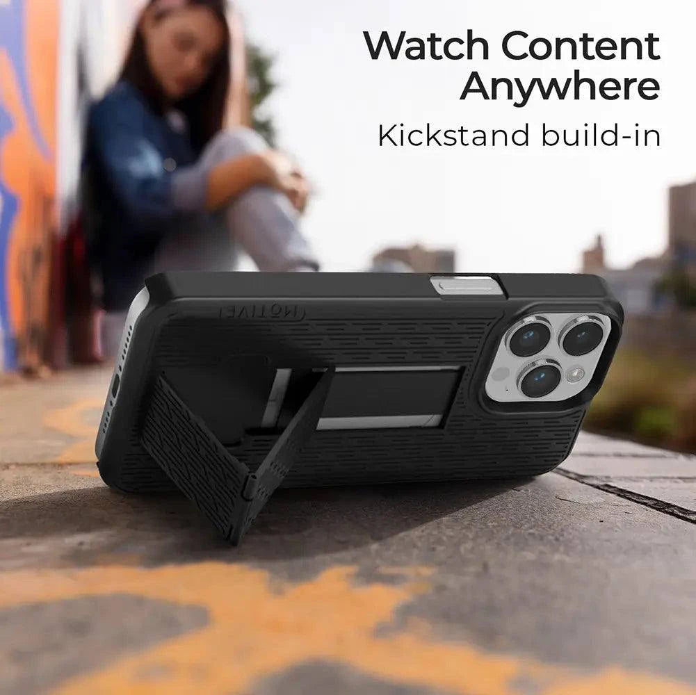 iPhone 15 Pro Max case with clip and dual kickstands for versatile use, featuring rugged protection.