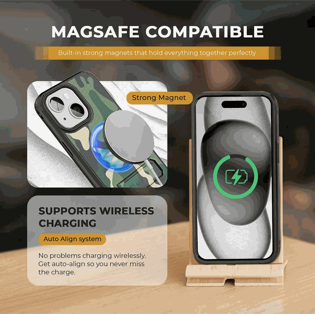 iPhone 15 Plus case with kickstand and belt clip, MagSafe compatible, supports wireless charging, strong magnet, camouflage design.